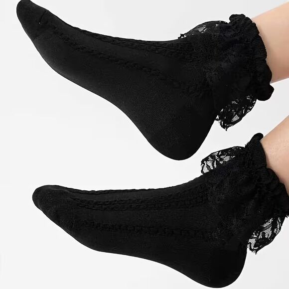 Black Ruffle Lace Top Women's Mid-Calf Socks NEW Cable knit pattern - Picture 3 of 7